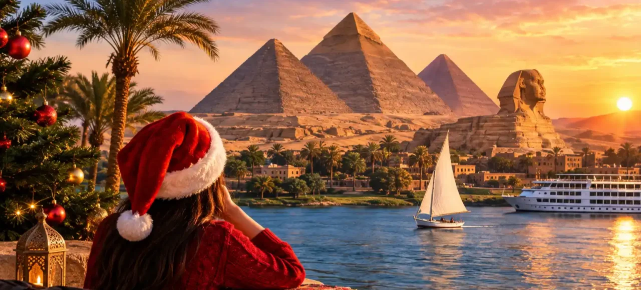 Christmas in Egypt with the Great Pyramids of Giza at sunset