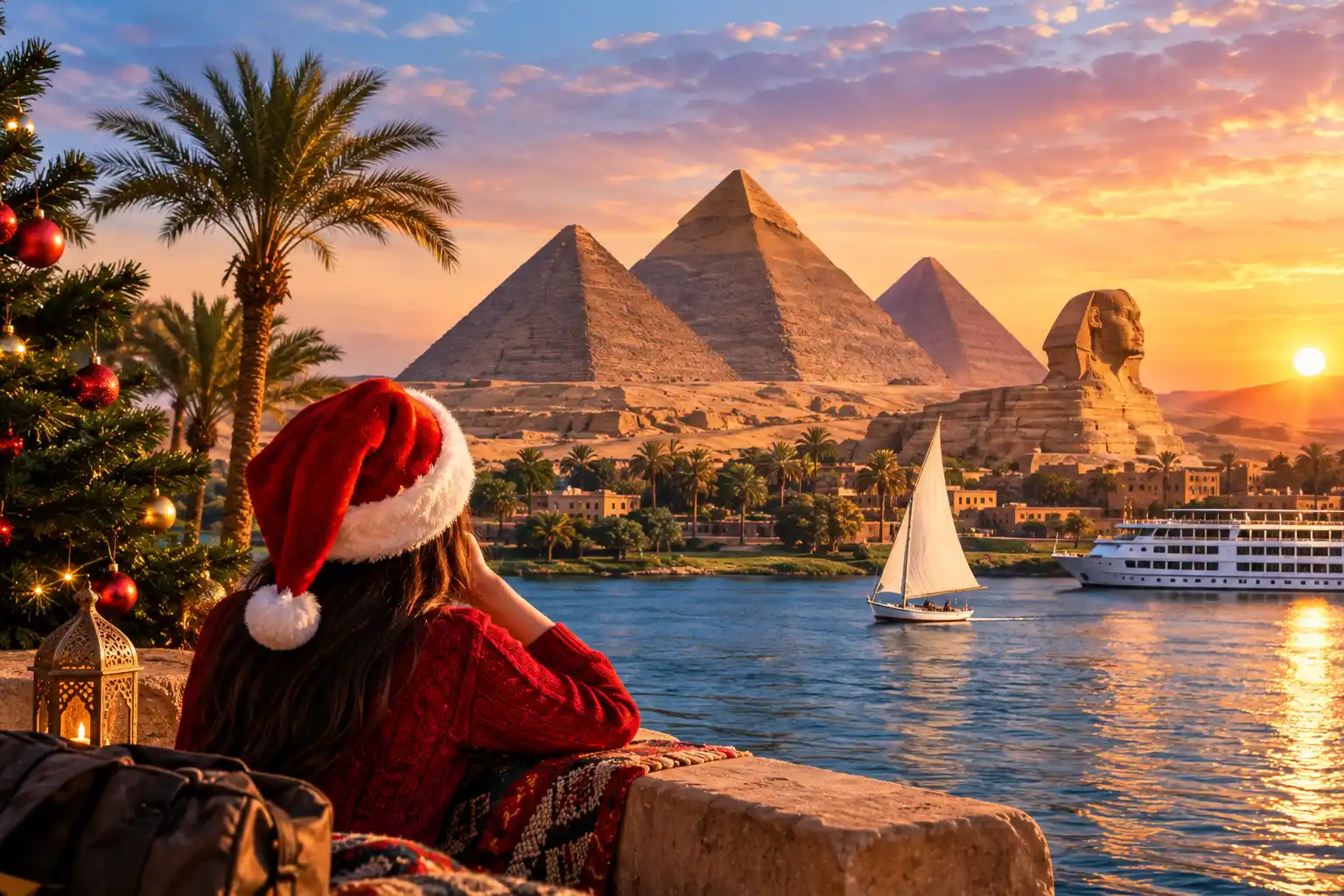 Christmas in Egypt with the Great Pyramids of Giza at sunset