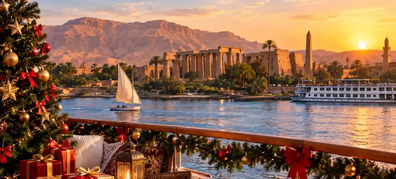 Egypt Christmas holiday with festive decorations overlooking the Nile River, a cruise ship, and Luxor temples at sunset.