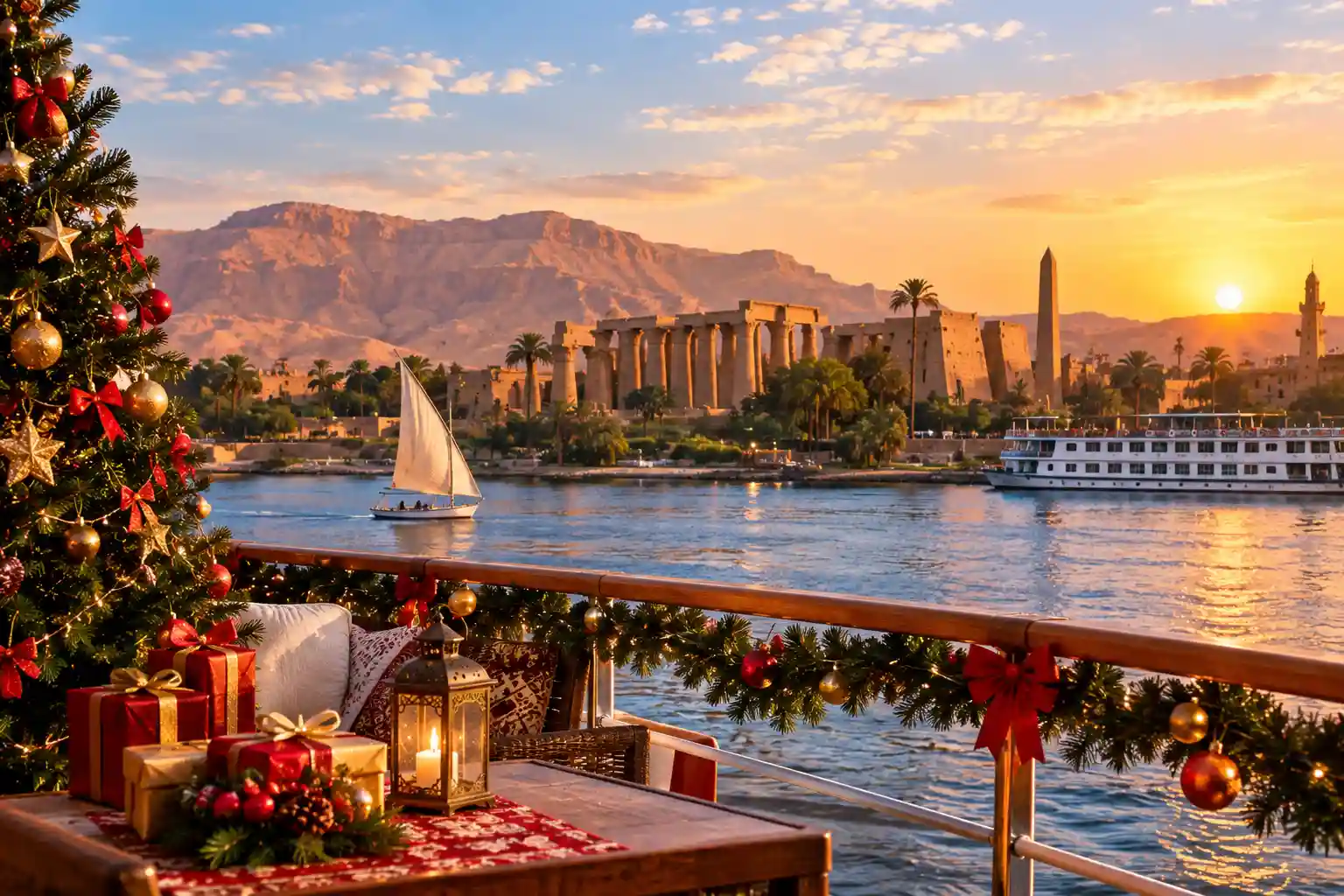 Egypt Christmas holiday with festive decorations overlooking the Nile River, a cruise ship, and Luxor temples at sunset.